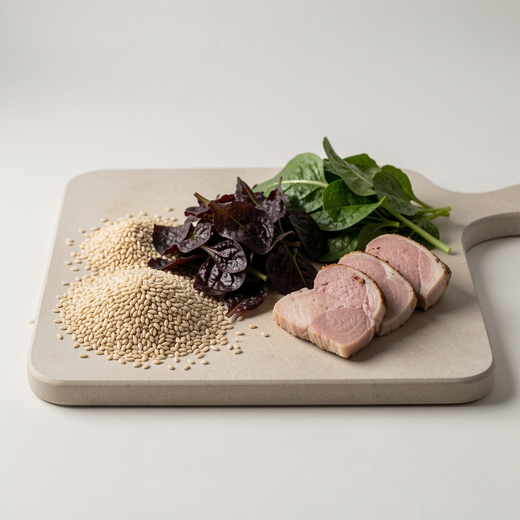Minimalist meal preparation scene with whole grains, dark leafy greens and protein on a neutral-toned cutting board under studio lighting