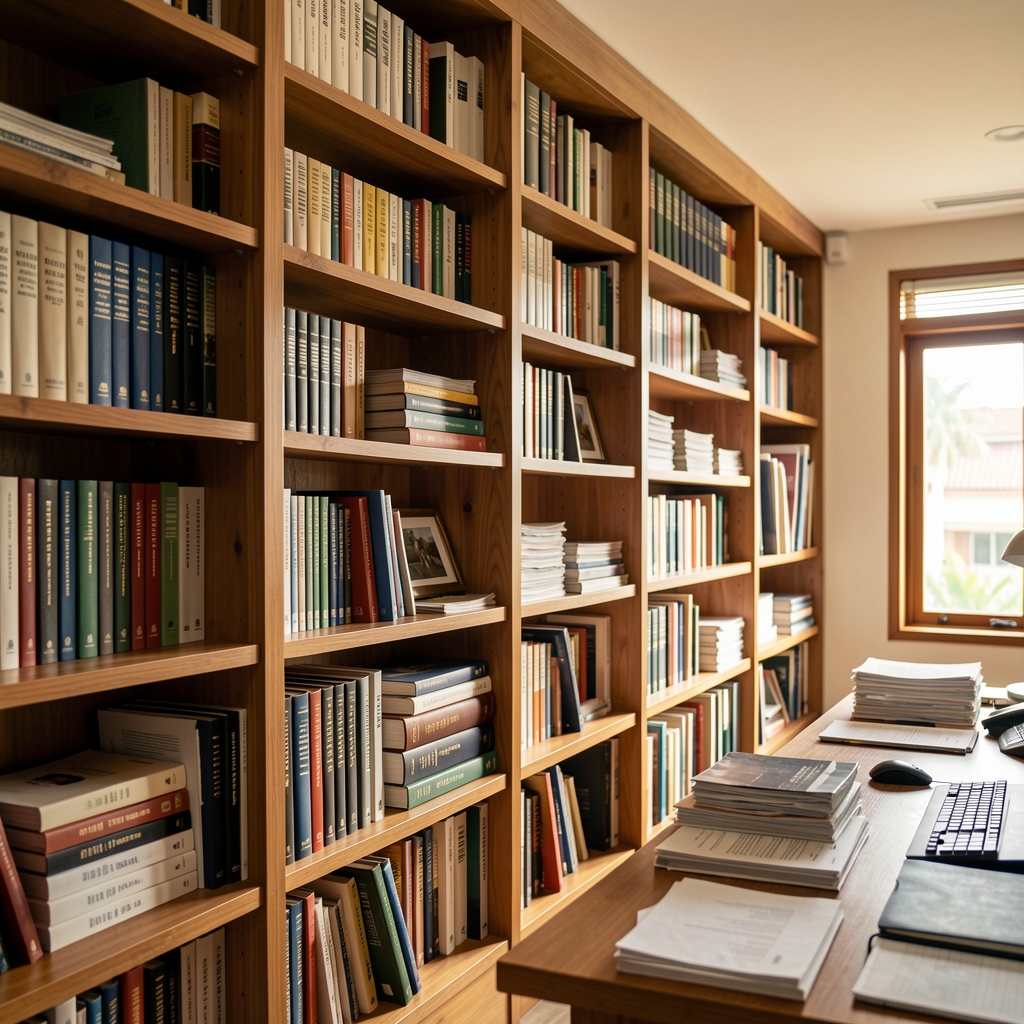 Wooden library shelves lined with research books and editorial archives in a warmly lit Jakarta workspace, documentary style