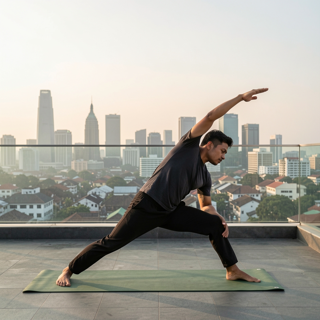 Man performing a yoga stretch on a rooftop terrace in Jakarta with city skyline visible in soft morning light
