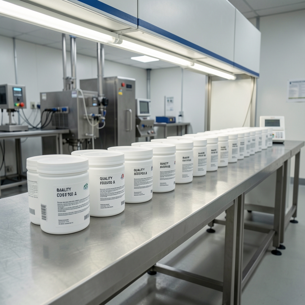 Quality control bench at a food-grade supplement facility with batch-coded containers lined in a row under controlled workspace lighting, clean environment