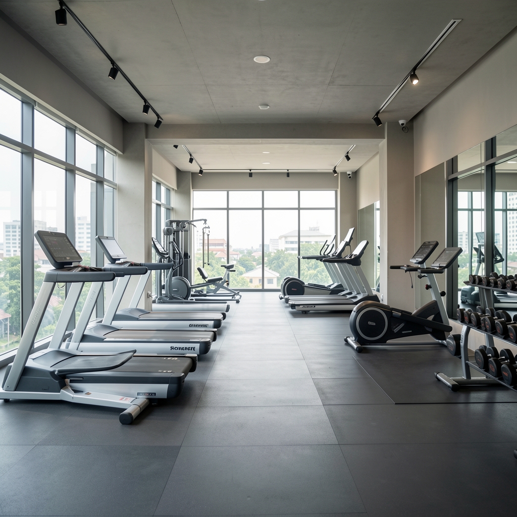 Panoramic view of a modern Jakarta fitness and wellness facility interior with natural light, clean equipment and open floor space
