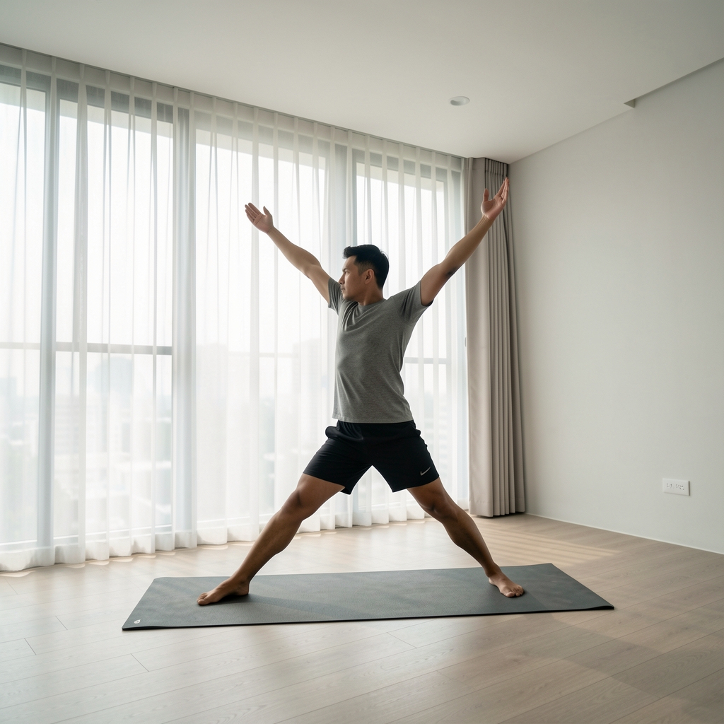 Man in minimal room performing a structured morning stretch sequence, first light entering through floor-to-ceiling curtains, Jakarta apartment