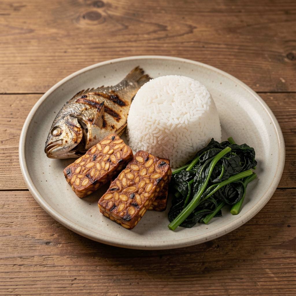 Artfully arranged Indonesian whole-food meal on a ceramic plate including steamed rice, grilled fish, tempeh and dark leafy greens, studio lighting on wooden surface