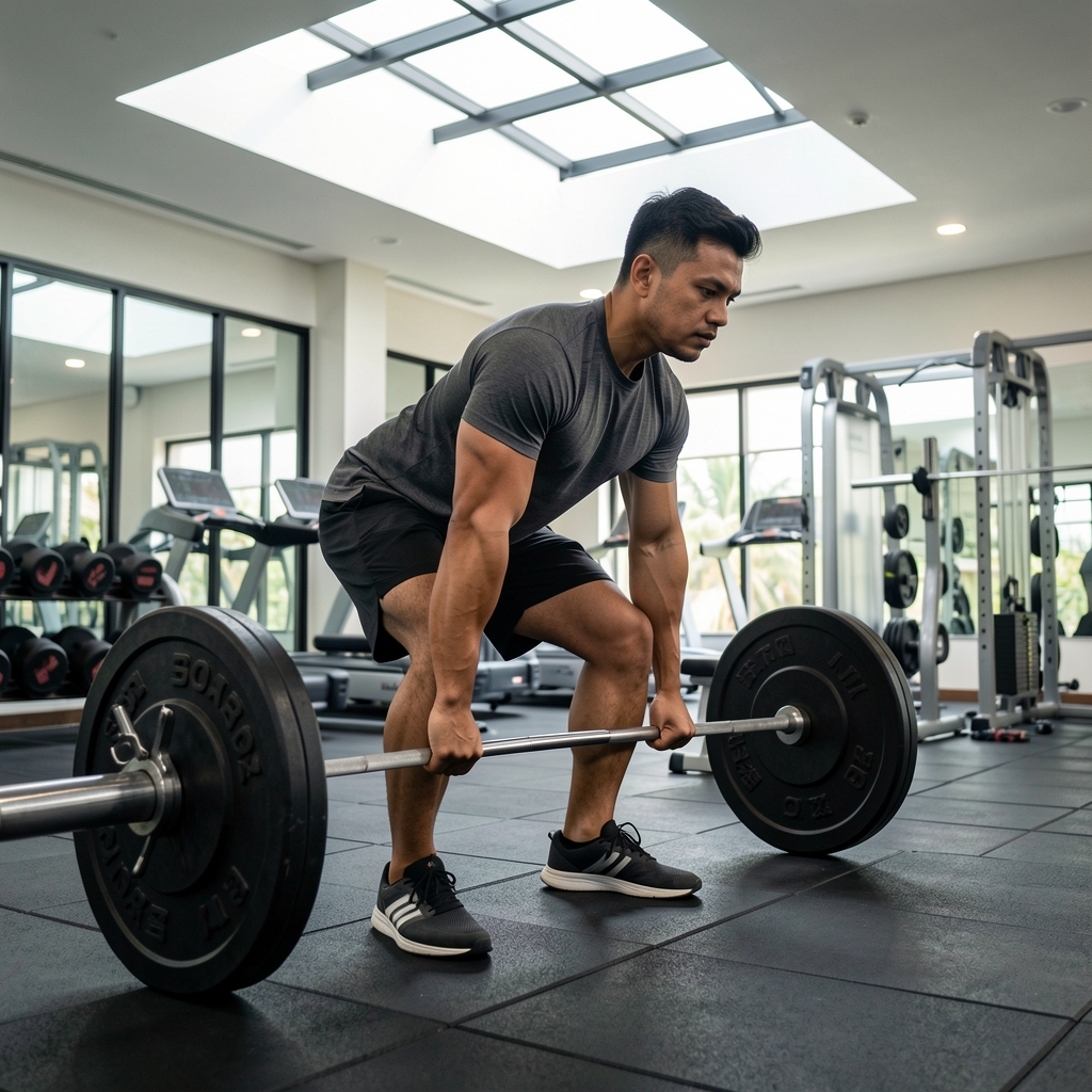 Man performing deadlift movement in a clean Jakarta gym with good technique, natural light from skylights, minimal distractions, focused expression