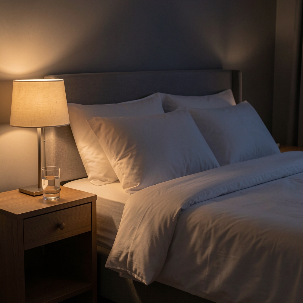 Minimal Jakarta bedroom at night with dimmed warm lamp, clean bedding, a glass of water on the nightstand and no screens visible, restful atmosphere