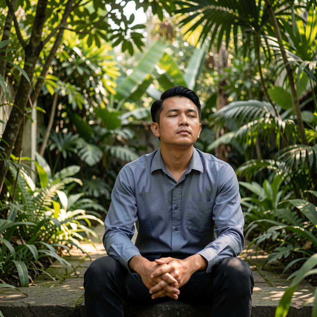 Man sitting quietly in a shaded outdoor garden space in Jakarta, away from office, practicing stillness and mindful breathing, green foliage background