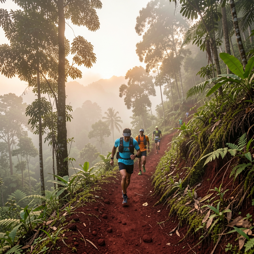 Trail runners ascending a steep mountain path through tropical forest in Bogor West Java at dawn, misty atmosphere and red volcanic soil underfoot