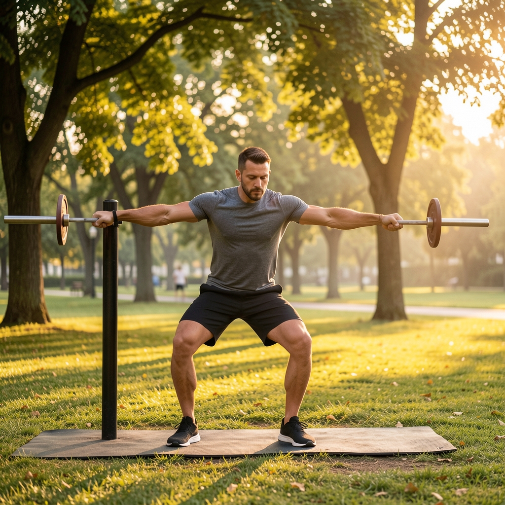 Man doing outdoor calisthenics bodyweight exercises at a park in South Jakarta, trees in background, early morning golden light, no equipment