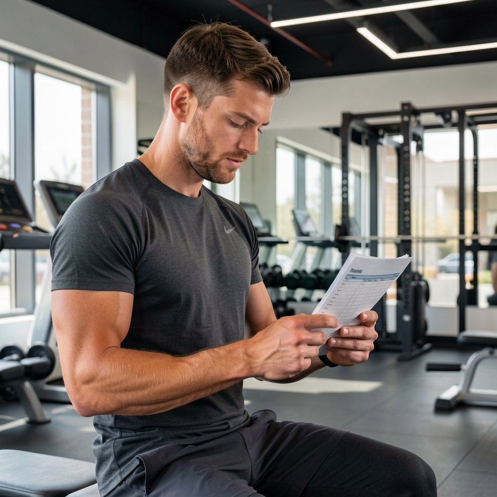 Athletic man in outdoor workout gear photographed in a modern gym in South Jakarta, relaxed editorial atmosphere, checking a training log on paper
