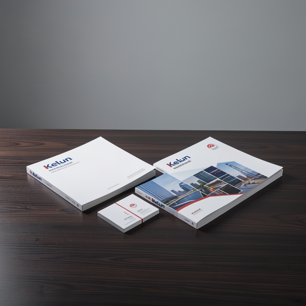 Kelun branded materials and journal issues arranged on a dark wooden surface under controlled studio lighting in Jakarta